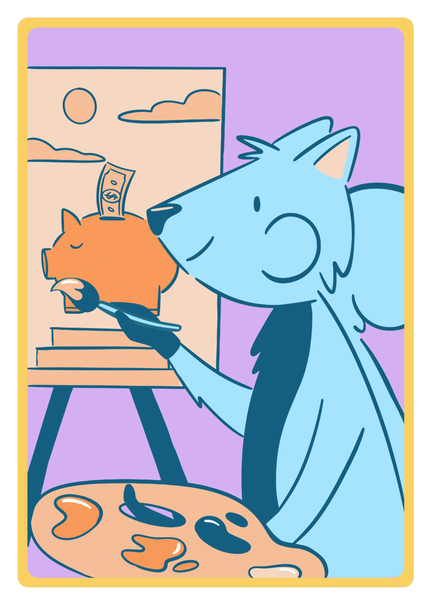 Colourful playing card of a squirrel painting a picture.