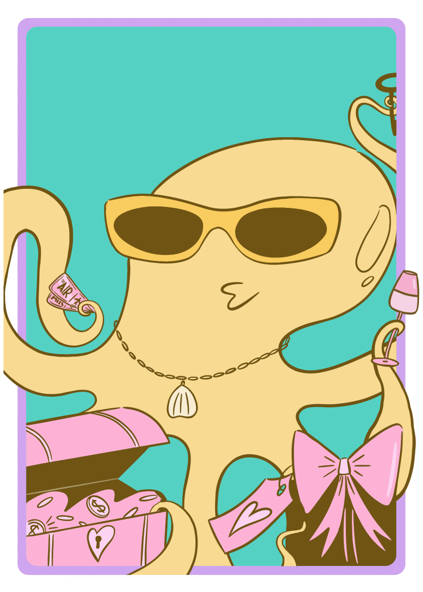 Playing card featuring an octopus wearing sunglasses surrounded by objects.