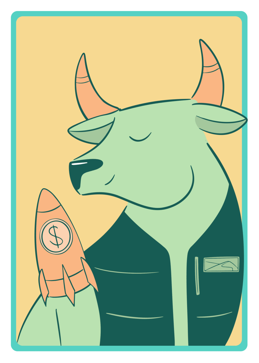 Colorful playing card featuring a bull wearing a vest. A spaceship launches over the bull's shoulder.